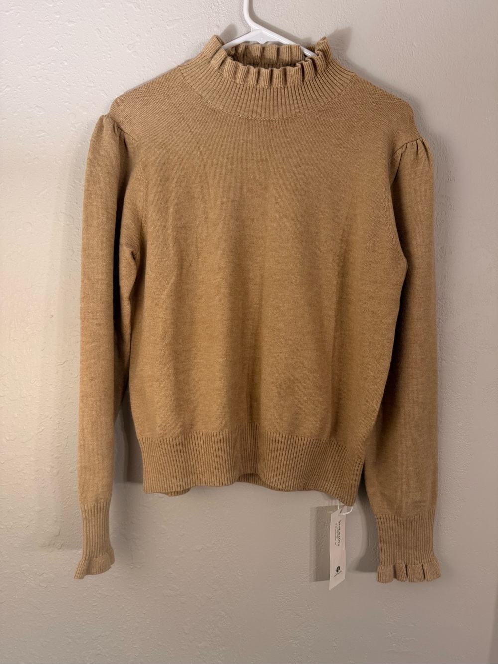 Saodimallsu Ruffle Mock Neck Pullover Sweater in Camel